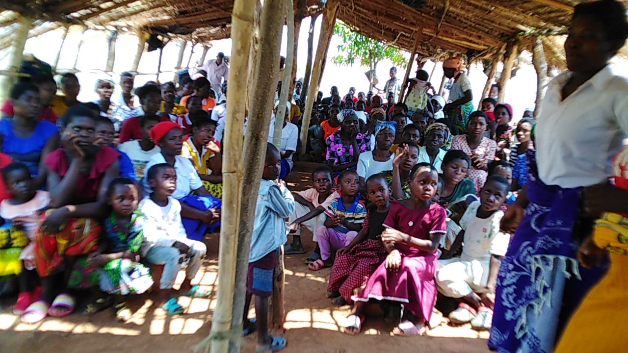 A woman stands beside people seated beneath a thatched shelter.
